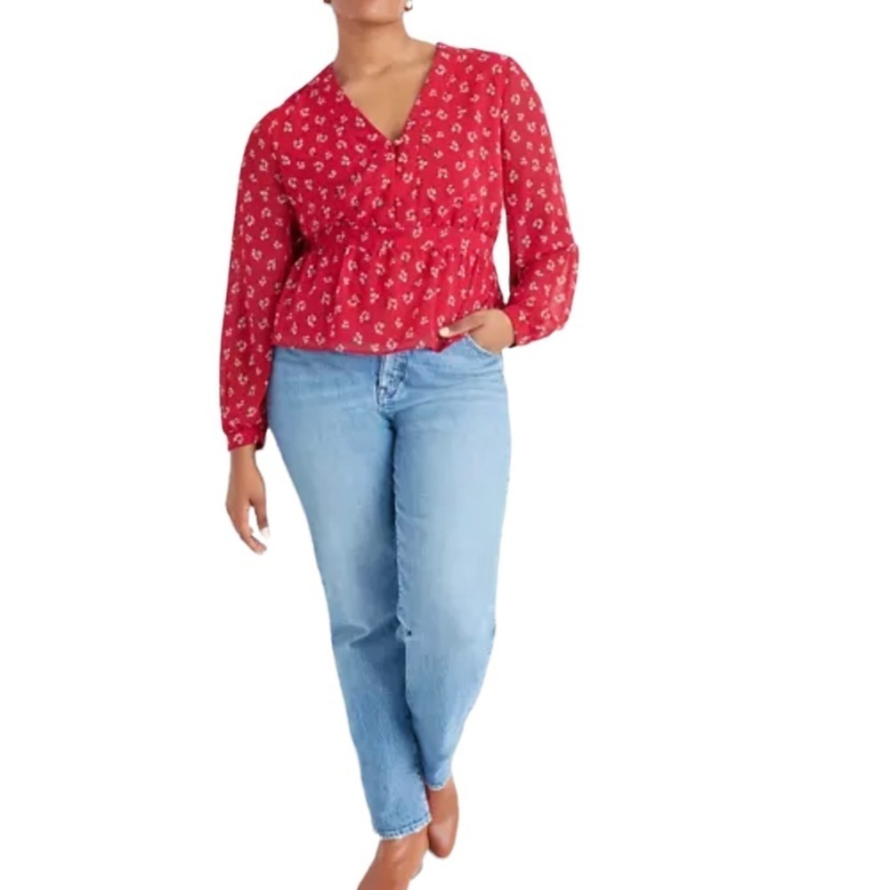 Madewell Floral Tiered Sleeves Peplum Top. Shimmery Red  Sz 00